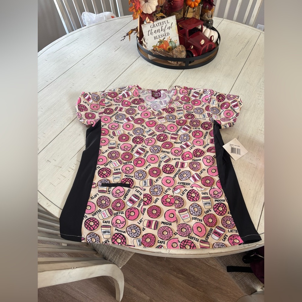 Pink and Black Donut Print Scrub Top